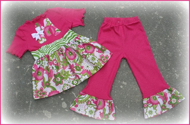 Custom Boutique Clothing Spring Zebra Lime and Pink Floral Pant and Initial Tee Girl
