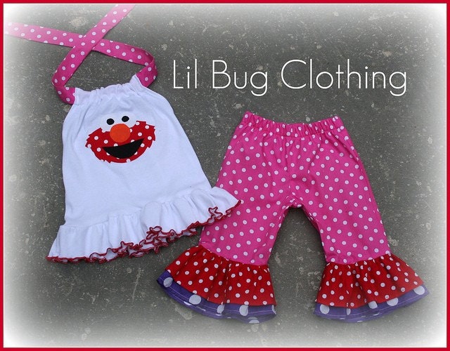 Custom Boutique Clothing Sesame Street Elmo Red White Dot  Purple Pink Capri and Halter Top
