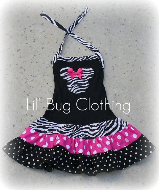 Custom Boutique Clothing Tiered Minnie Mouse Hot Pink Zebra and Black Polka Dots Halter Dress