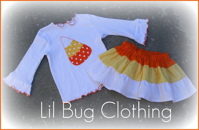 Candy Corn Tiered Skirt and Tee Yellow and Orange Polka Dot Halloween Outfit