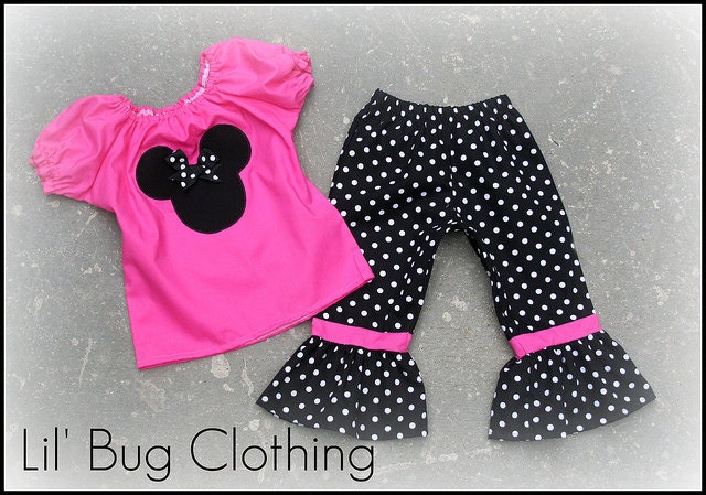 Custom Boutique Pink Black White  Polka Dot  Minnie Mouse peasant Capri Set