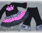Custom Boutique Princess Crown Zebra Hot Pink Tiered Top and Pant Birthday Girl