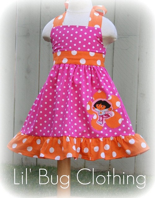 Custom Boutique Clothing Pink and Orange BIrthday Dots Halter Swing Dress