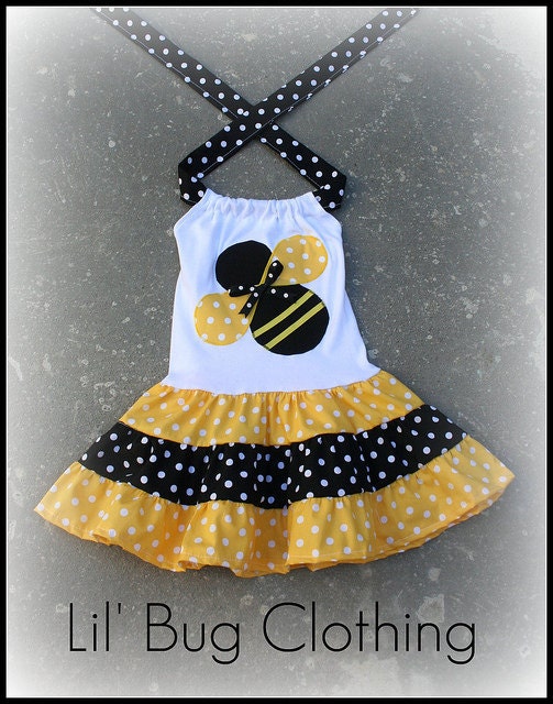 Custom Boutique Clothing Black Yellow Bumble Bee Tiered Dress Birthday Girl Dots