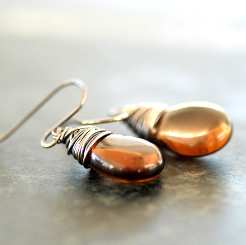 Smoky Topaz Earrings, Autumn WEdding, Earth tone Jewelry, Dangle Earrings, Glass Jewelry, Oxidized Sterling Silver