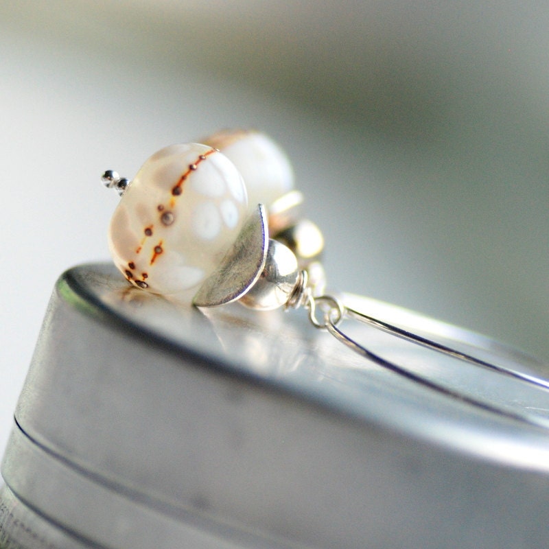 White Glass Earrings, Hoop Earrings, Western Style Earrings, Etched White Glass and Sterling Silver - Cowgirl