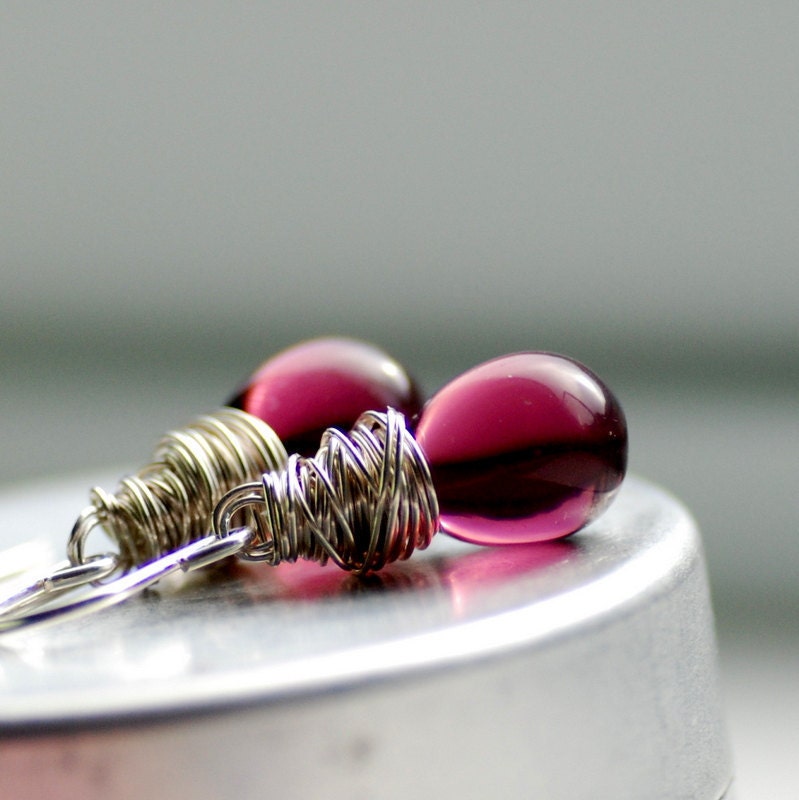 Purple Earrings, Glass Earrings, Simple Wedding, Purple Wedding, Plum, Drop Earrings, Bridesmaid Jewelry - Orchid