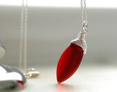 Glass Necklace, Red Necklace, Red Polished Glass Marquise Pendant, Pendant Necklace, Wire Wrapped Sterling Silver