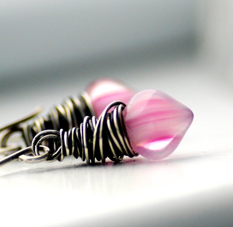 Bubblegum Pink Earrings, Pink Candy Stripe, Glass Earrings, Oxidized Sterling Silver, Small Dangle Earrings - Valentine