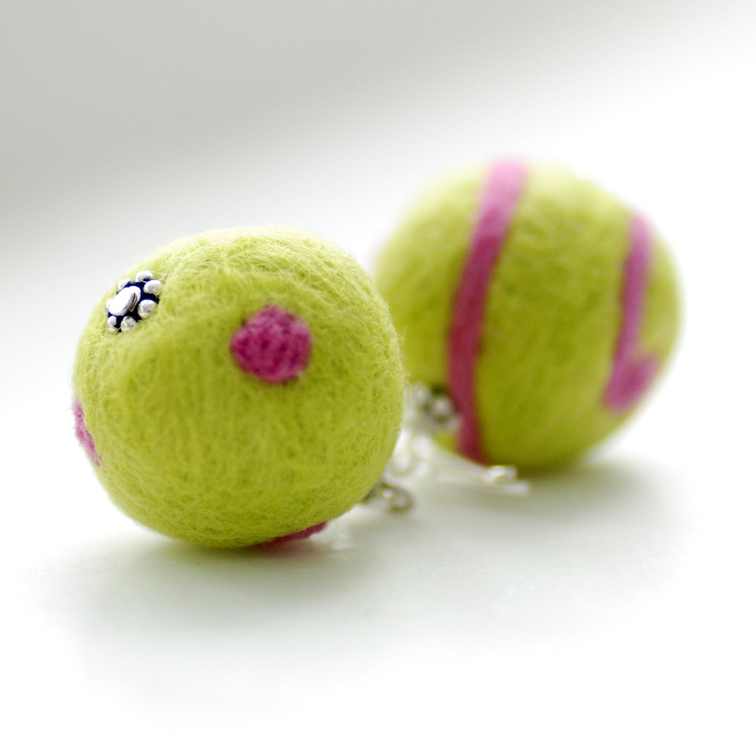 Fiber Earrings, Felted Bead Earrings, Neon Earrings, Lime Green, Hot Pink, Felted Wool Earrings, Funky Earrings - Funky Dots