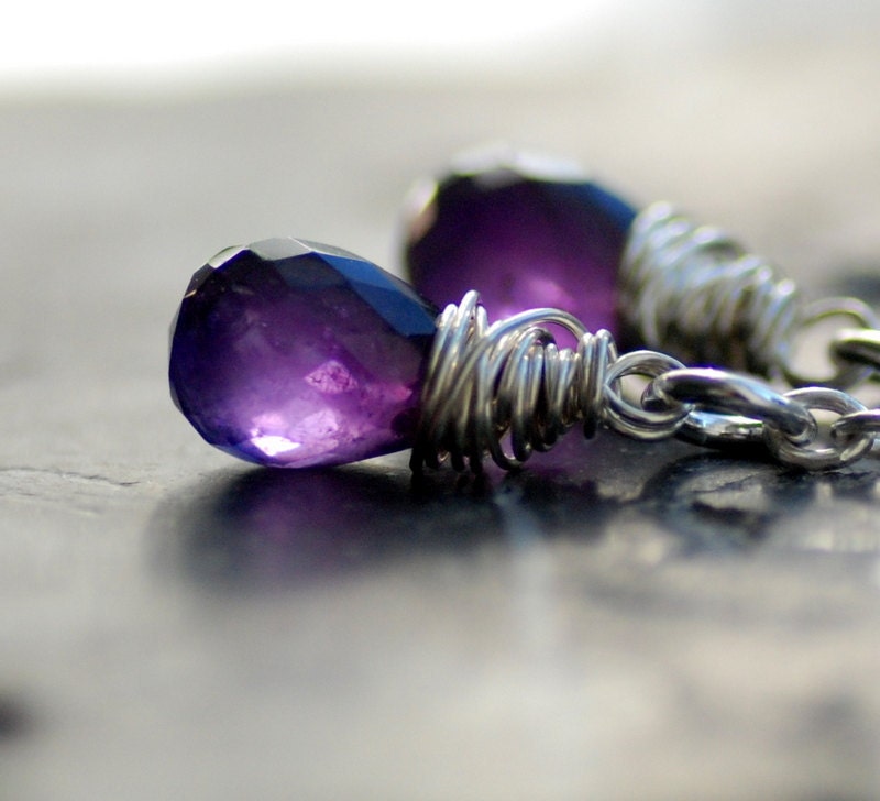 Amethyst Earrings, Purple Amethyst Gemstone Earrings, Wire Wrapped Sterling Silver February Birthstone
