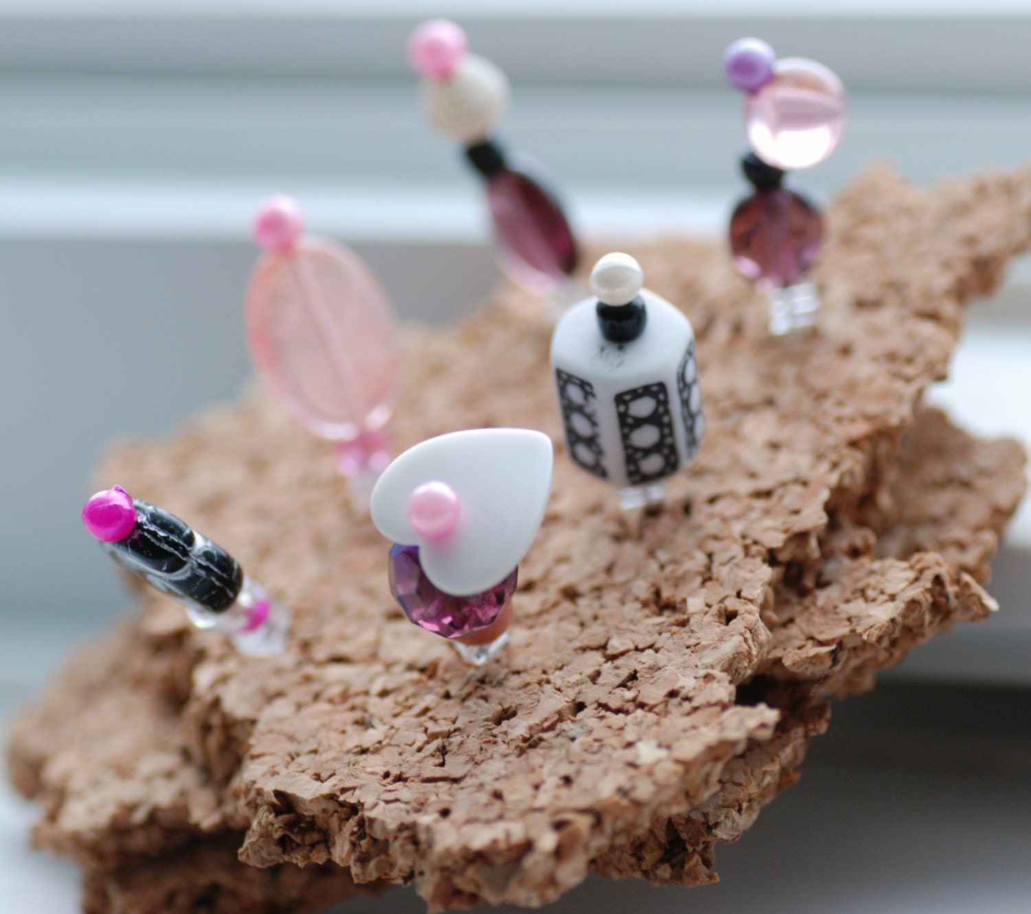 Beaded Corkboard Thumb Tacks or Jewelry Display Pins - Be Mine