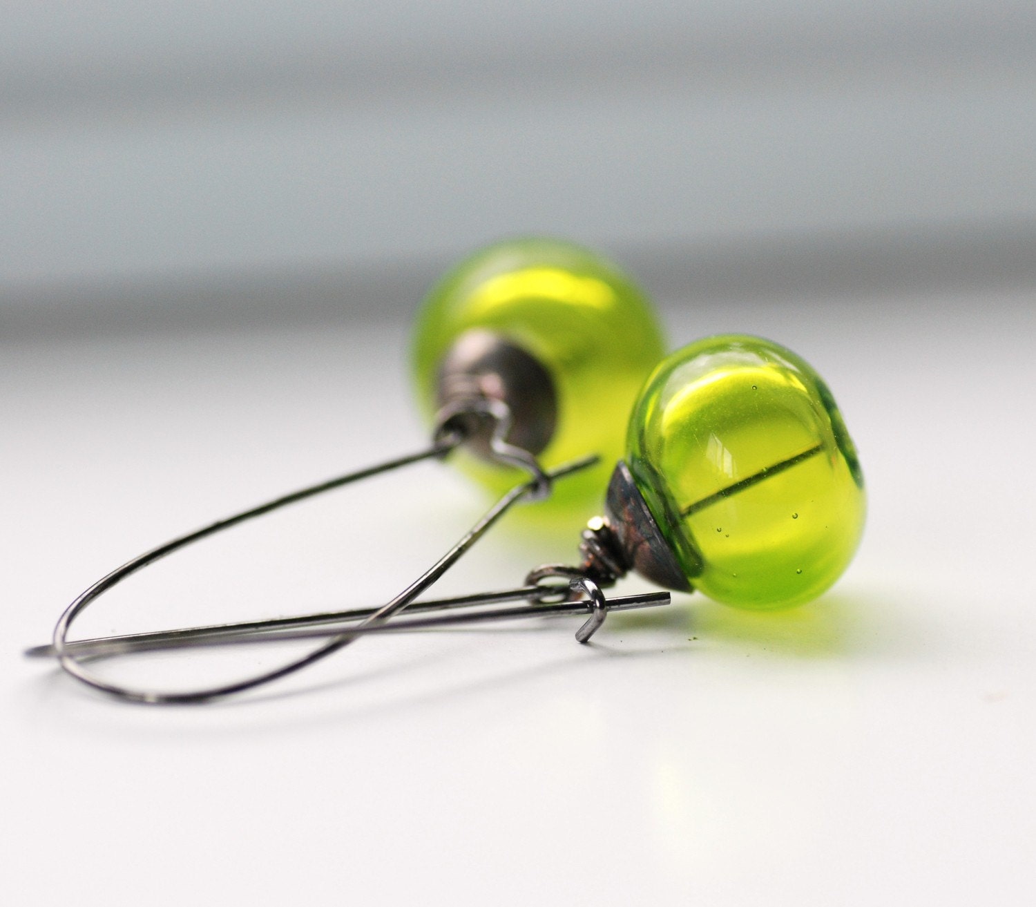 Handmade Earrings, Lime Green Artisan Blown Glass and Gunmetal, Limelight