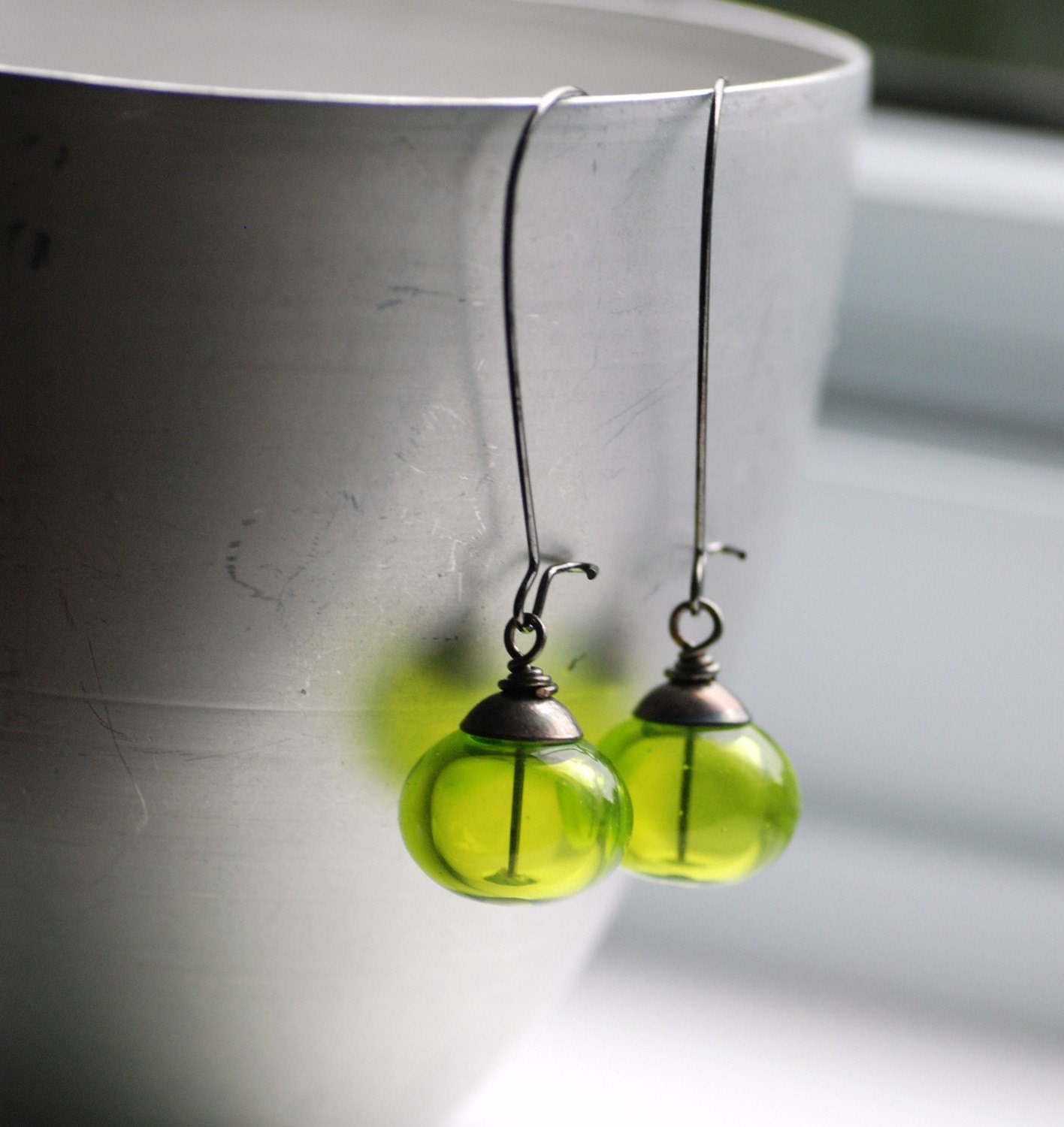 Handmade Earrings, Lime Green Artisan Blown Glass and Gunmetal, Limelight