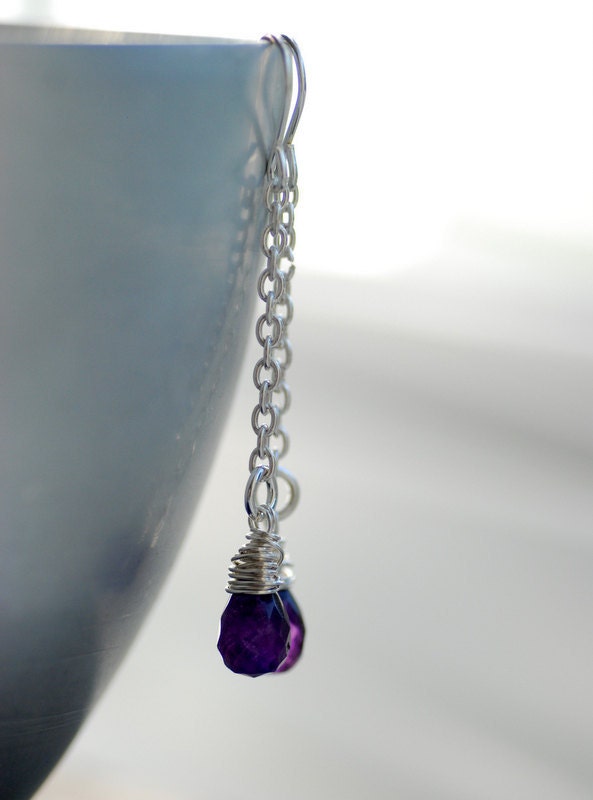 Amethyst Earrings, Purple Amethyst Gemstone Earrings, Wire Wrapped Sterling Silver February Birthstone