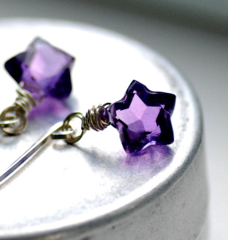 Amethyst Earrings, Purple Star Amethyst Gemstones, Wire Wrapped Sterling Silver, February Birthstone