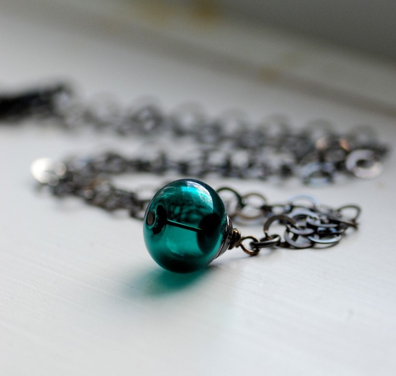 Dark Teal Necklace, Teal Pendant, Teal Jewelry, Peacock Wedding, Glass Pendant, Beach Wedding Jewelry, Oxidized Sterling Silver - Deep Sea
