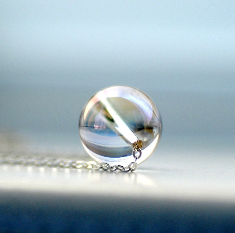 Gemstone Necklace, Polished Rock Crystal and Sterling Silver- Float