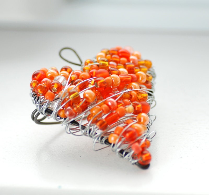 Tangerine Orange Brooch, Wire Heart Brooch, Beaded Brooch, Wire Pin, Sterling Silver Clasp, Unique Valentine, Orange Valentine