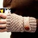 Knit fingerless gloves , mittens in beige with a strap