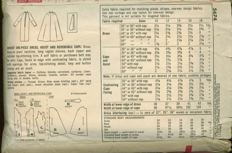 Vintage 60s Sewing Pattern Simplicity 5674 MOD Wiggle Dress, Ascot, and Reversible Cape Size 16 Bust 36