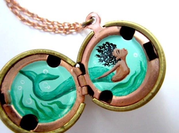 Mermaid Locket in Oil - Turquoise Seaweed and Aqua Sea, Hand-Painted Original Miniature