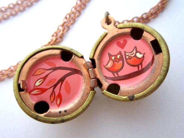 Love Owls Locket - Hand Painted Miniature - Hot pink, Red and Cream in a Vintage Stock Brass Ball