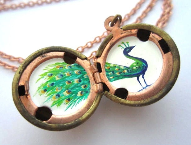 Peacock Locket, Hand painted in Turquoise, Cobalt blue and Gold, Vintage Stock Brass Locket