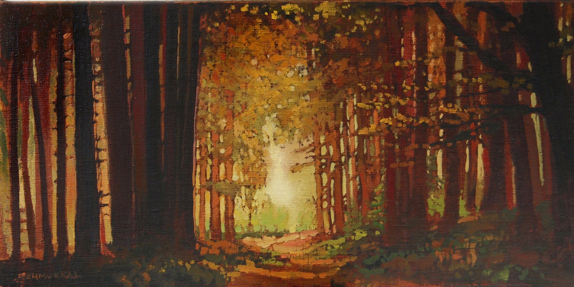 Fall, Autumn Colors - Into The Woods - Giclee Art PRINT or Original Painting matted 12x20 by Jan Schmuckal