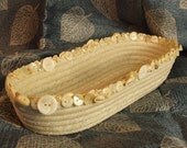Oblong Fabric Coil Basket Bowl Pearl Buttons Embellished "Sand 2"
