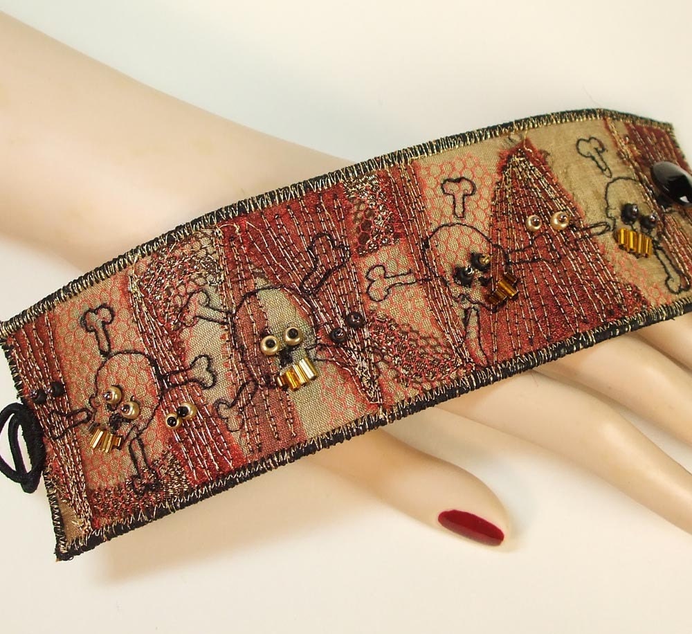 Embroidered, Beaded  Cuff Bracelet,  Skulls