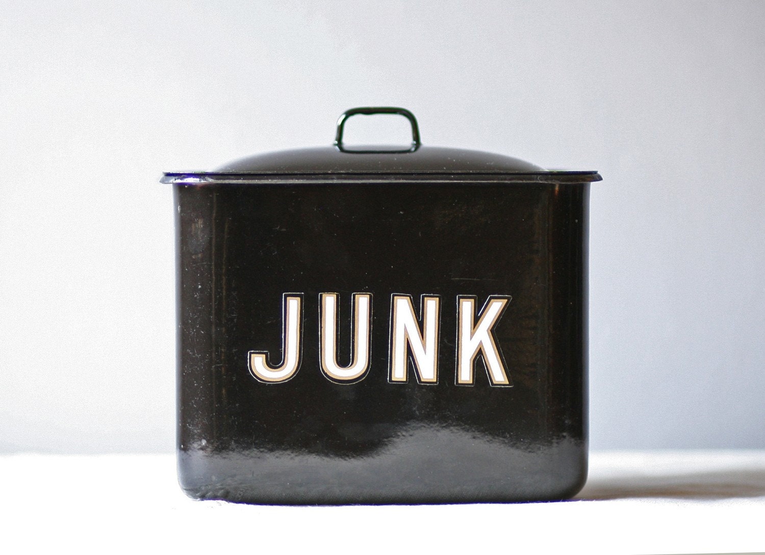 vintage enameled metal JUNK container storage