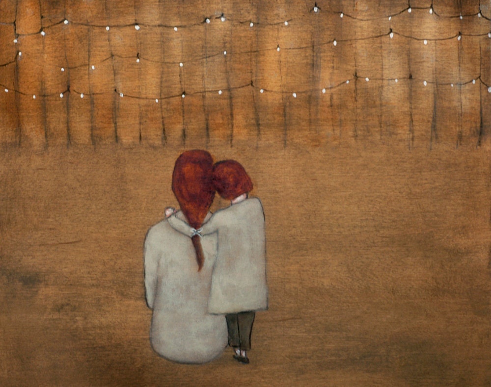 Children's art print. girl room decor. brown and white, Tea Lights Mae and Bebe