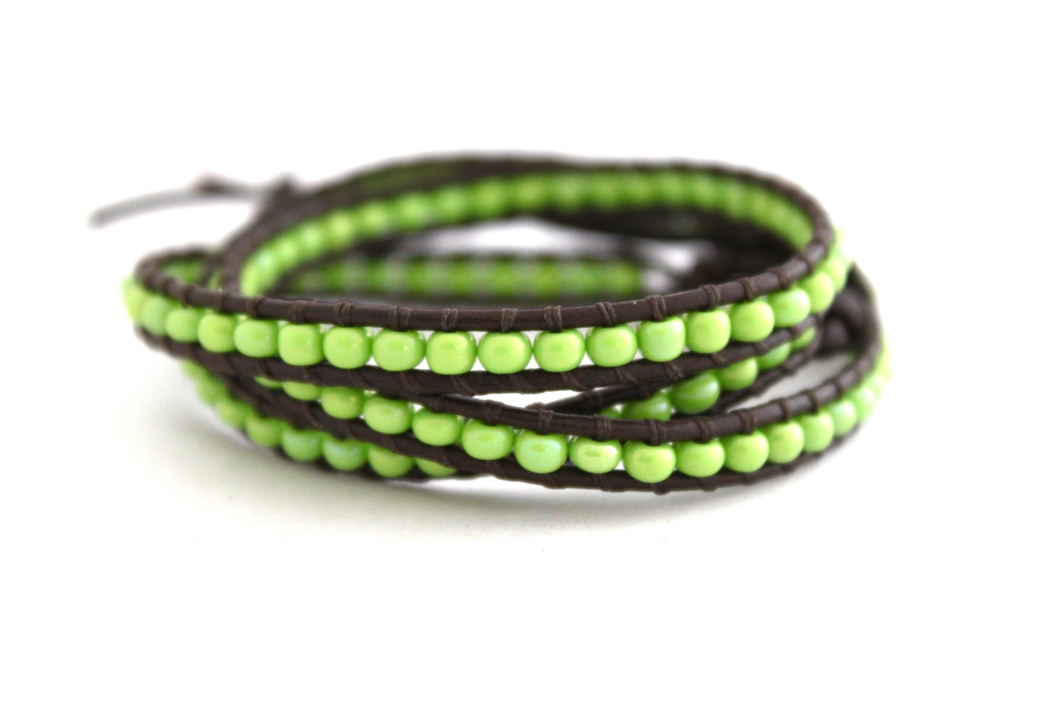 Bright Spring Green Wrap.  Czech Seed Bead Leather Wrap Bracelet With Silver Tree of Life Button