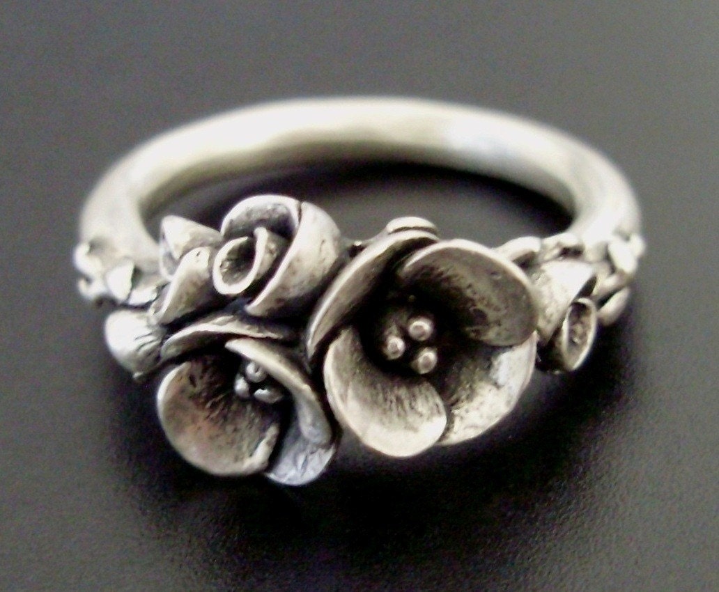 Tiniest Bouquet of Poppies - Small-Sized Ring - Handsculpted, Cast Sterling Silver - READY TO SHIP (Sizes 4 to 5)
