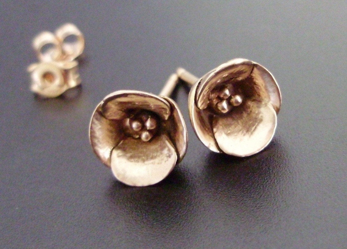 Poppies in 14K Rose Gold - Individually Handsculpted, Cast Earstuds in Solid Rose Gold - MADE-TO-ORDER in 4 to 6 Weeks