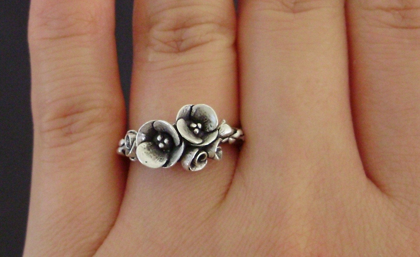 Tiniest Bouquet of Poppies - Small-Sized Ring - Handsculpted, Cast Sterling Silver - READY TO SHIP (Sizes 4 to 5)