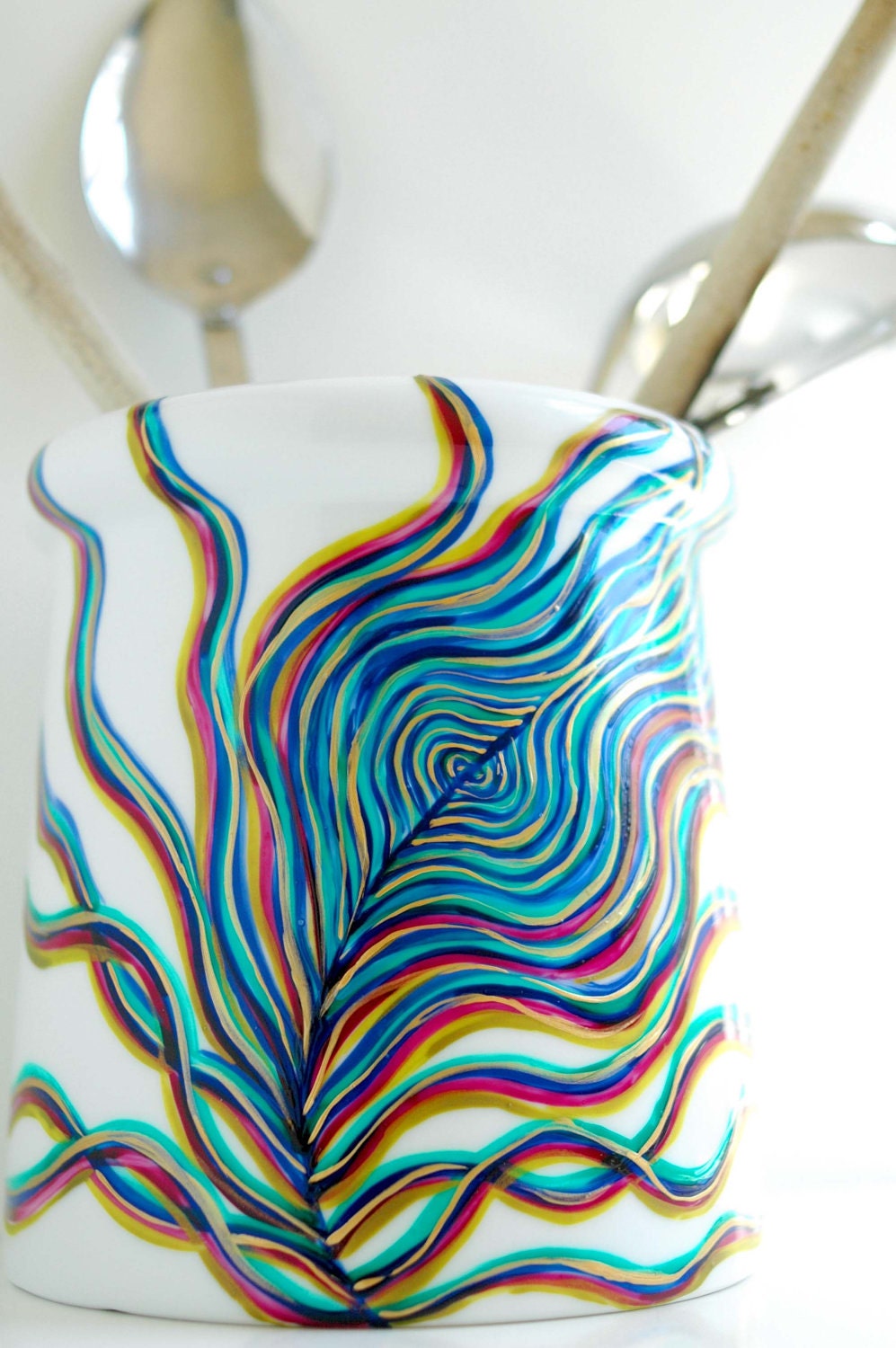 Peacock Feather Utensil Holder--Hand Painted on Porcelain