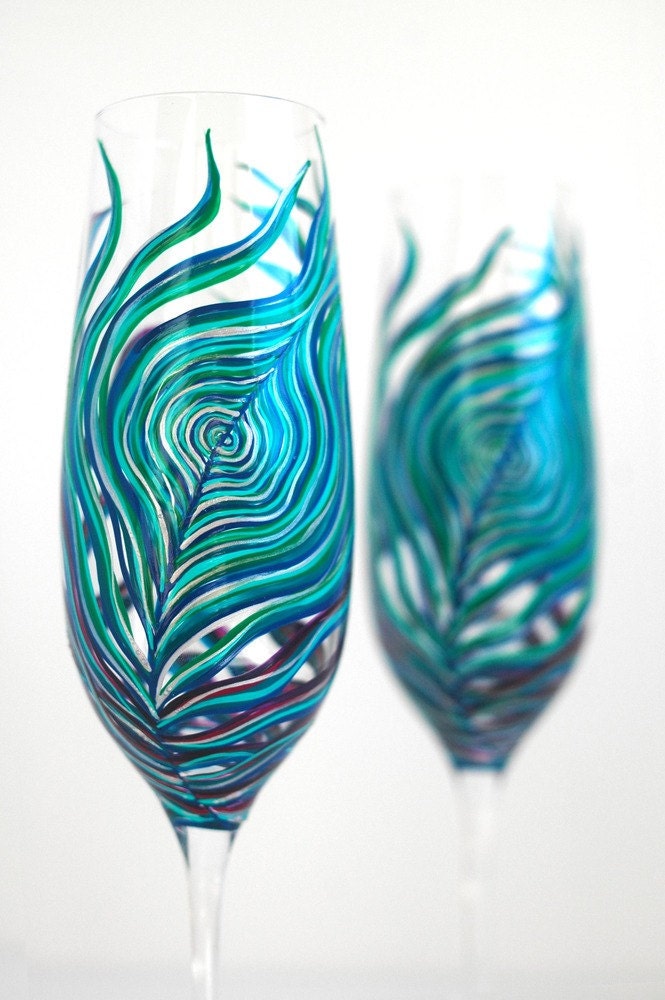 Peacock Feather Wedding Champagne Flutes - Set of 2 Personalized Toasting Flutes - Hand Painted Custom Wedding Flutes