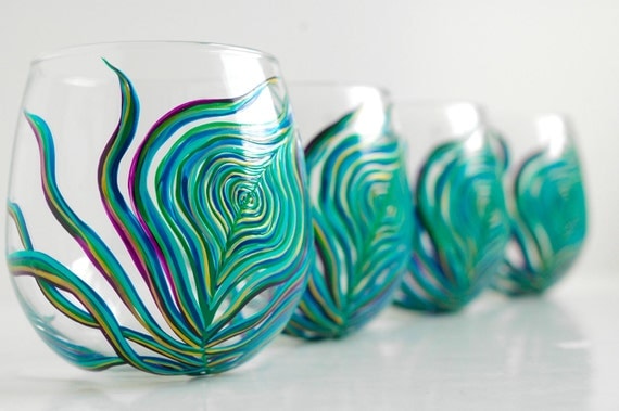 Peacock Stemless Wine Glasses--Set of 4 Hand-Painted Glasses