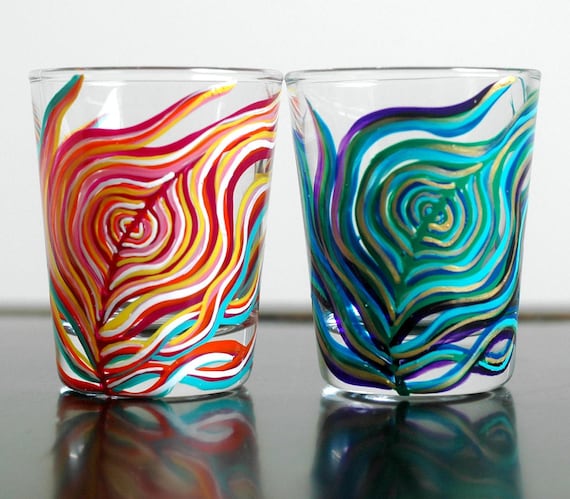 Yin and Yang Peacock Feather Shot Glasses-Set of 2 Hand Painted Shot Glasses