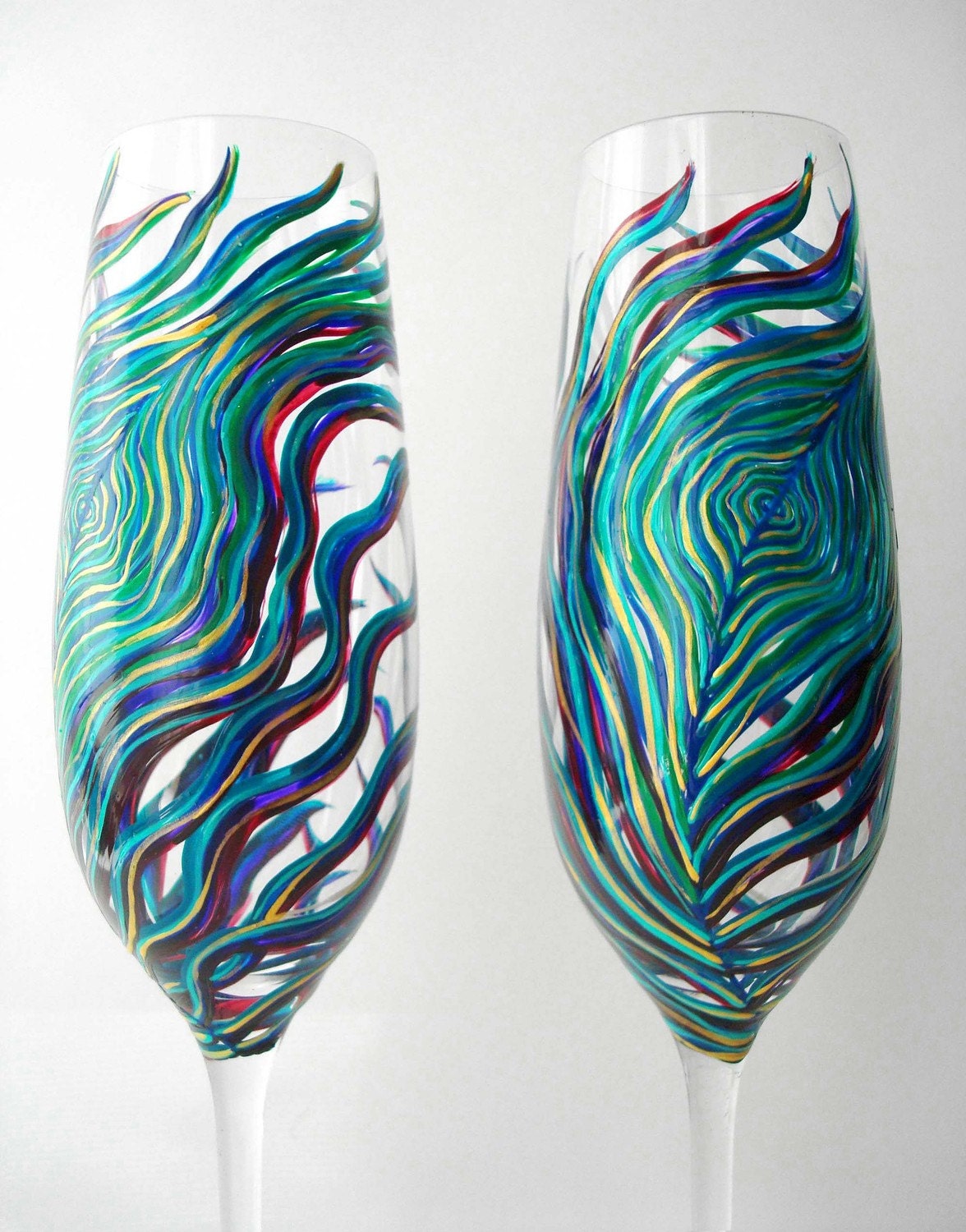 Peacock Feather Wedding Flutes - Set of 2 Personalized Champagne Flutes - Hand Painted Custom Toasting Flutes