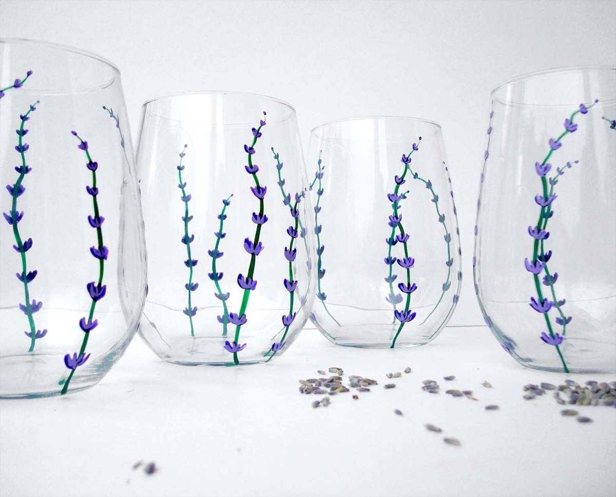 Lavender Stemless Wine Glasses-Set of 2 Hand-painted Glasses