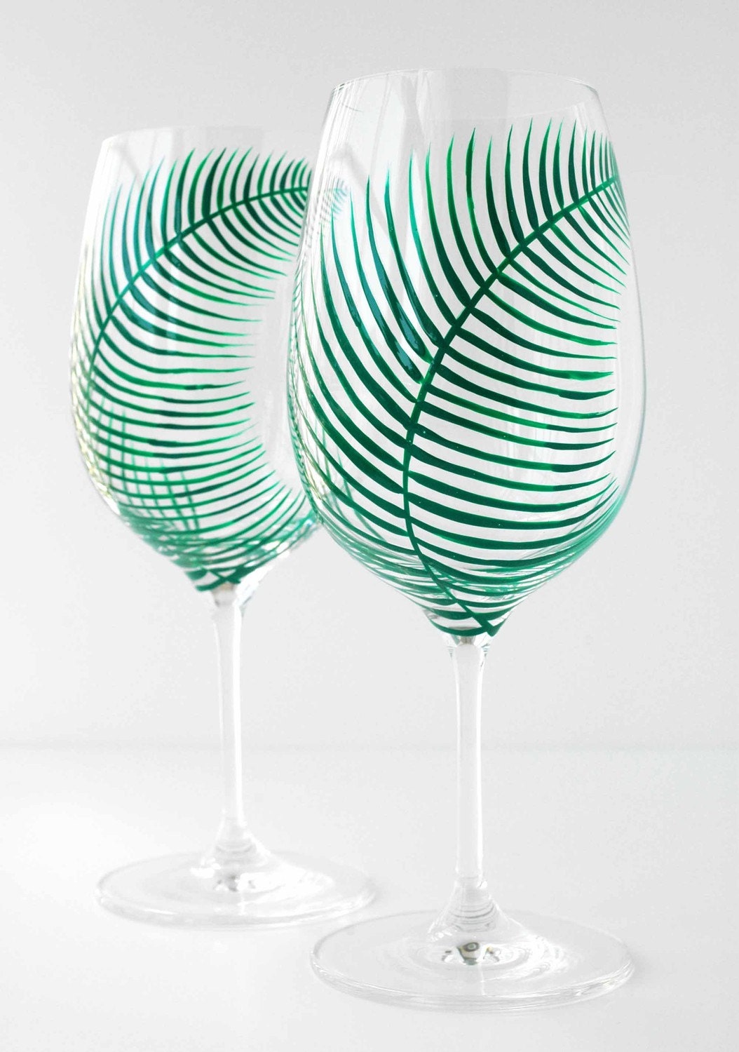 Green Fern Wine Glasses - Set of 4 Hand Painted Fern Glasses - Summer Wedding