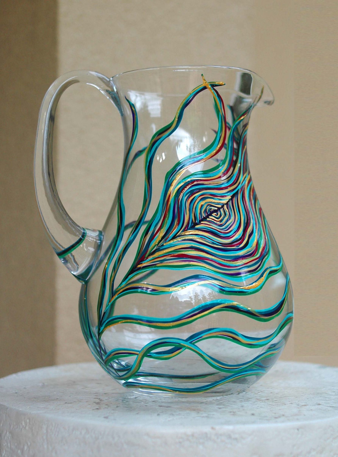 Peacock Feather Pitcher--Hand Painted Glass--Limited Edition