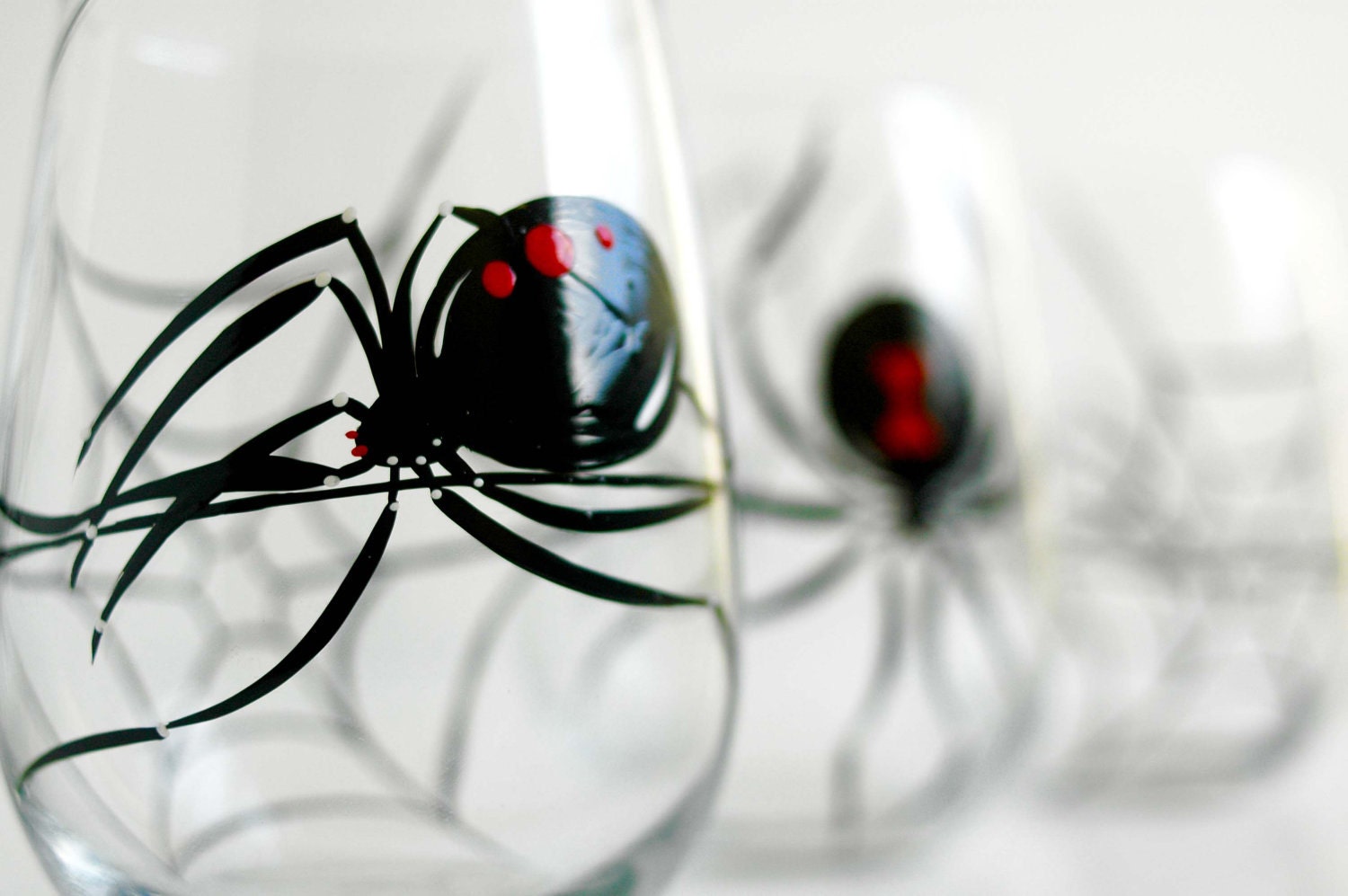 Black Widow Stemless Wine Glasses--Set of 4 Hand Painted Glasses