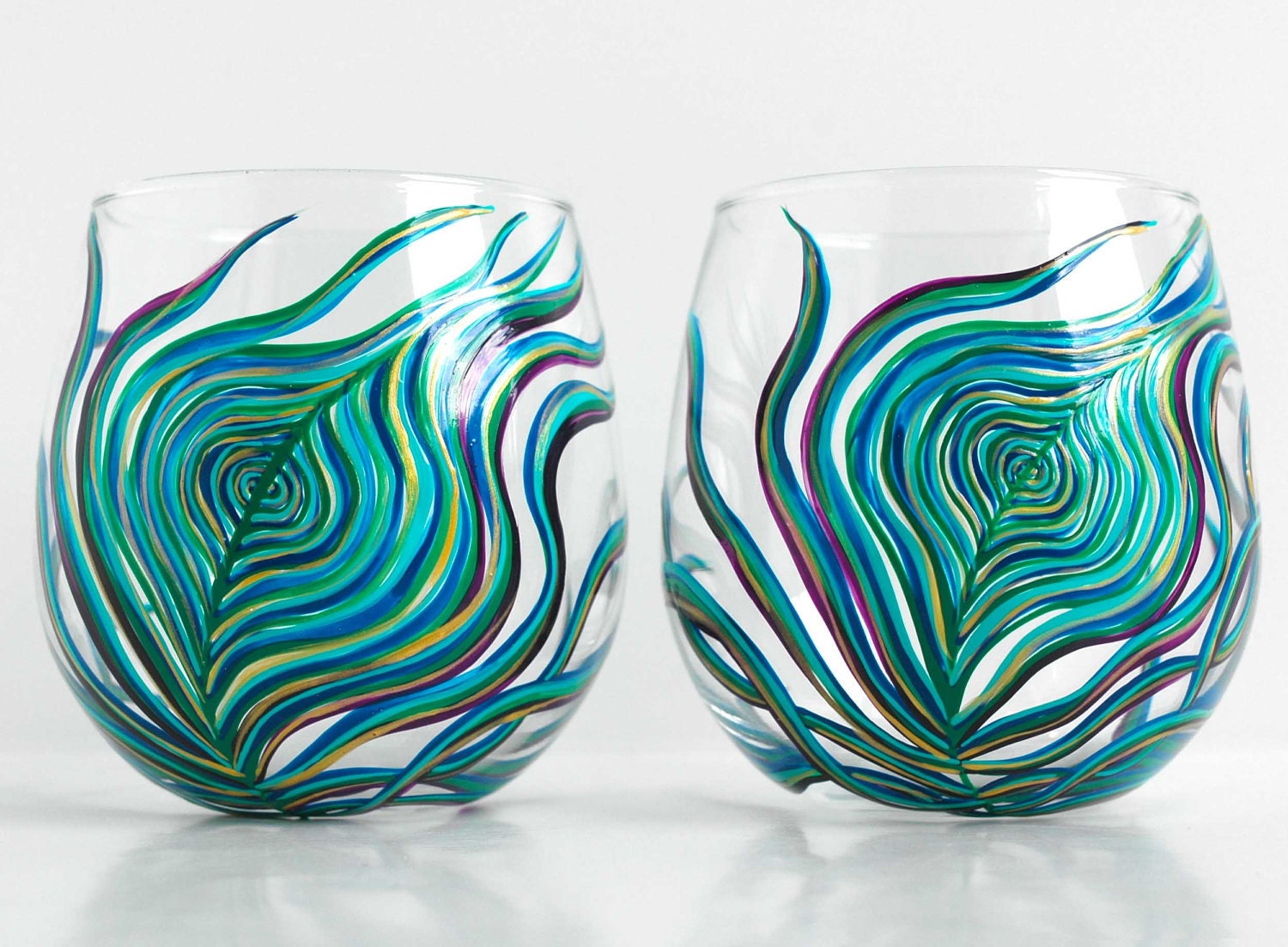 Peacock Feather Wine Glasses - Set of 2 Hand Painted Stemless Glasses - Blue, Green, Purple, Aqua and Gold feathers