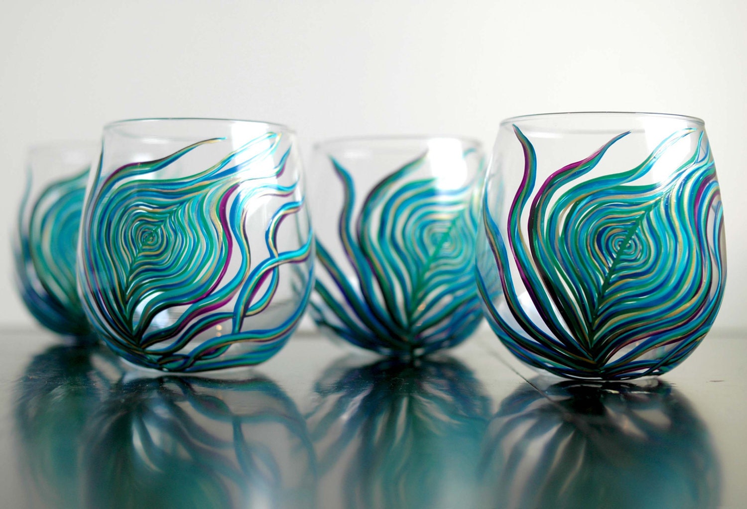 Peacock Stemless Wine Glasses--Set of 4 Hand-Painted Glasses