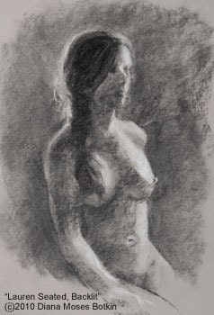 LAUREN SEATED, BACKLIT-- 12x18 inch nude female Charcoal and chalk figure drawing on grey paper, unframed, by Diana Moses Botkin