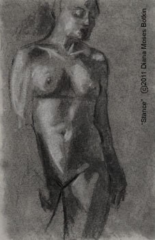 STANCE -- Nude Female Life Study-- 12x18 inch Charcoal and chalk drawing on grey paper, unframed, by Diana Moses Botkin
